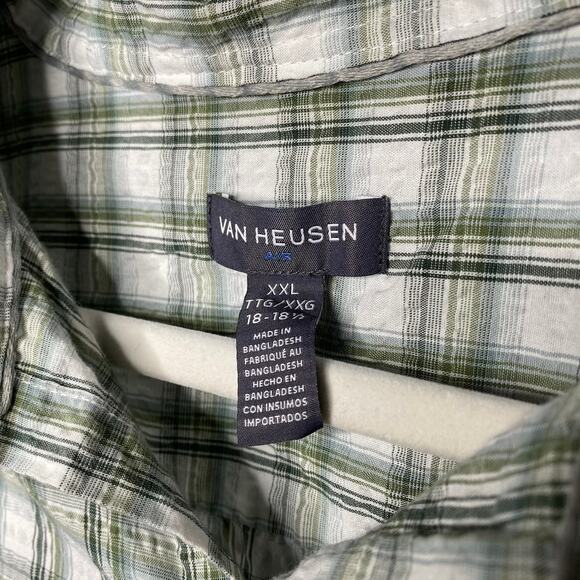 Van Heusen AIR Short Sleeve Plaid Crinkle Button Down Shirt XXL Green White Mens - Picture 3 of 9